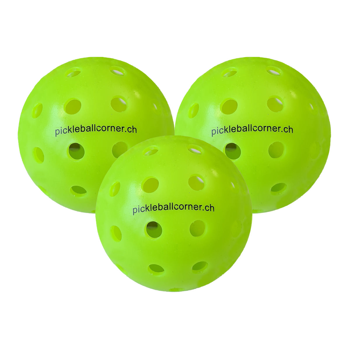 Pickleball Corner PC-1 Outdoor Pickleball Ball in Farbe Lime-Grün abgebildet im Dreierpack.